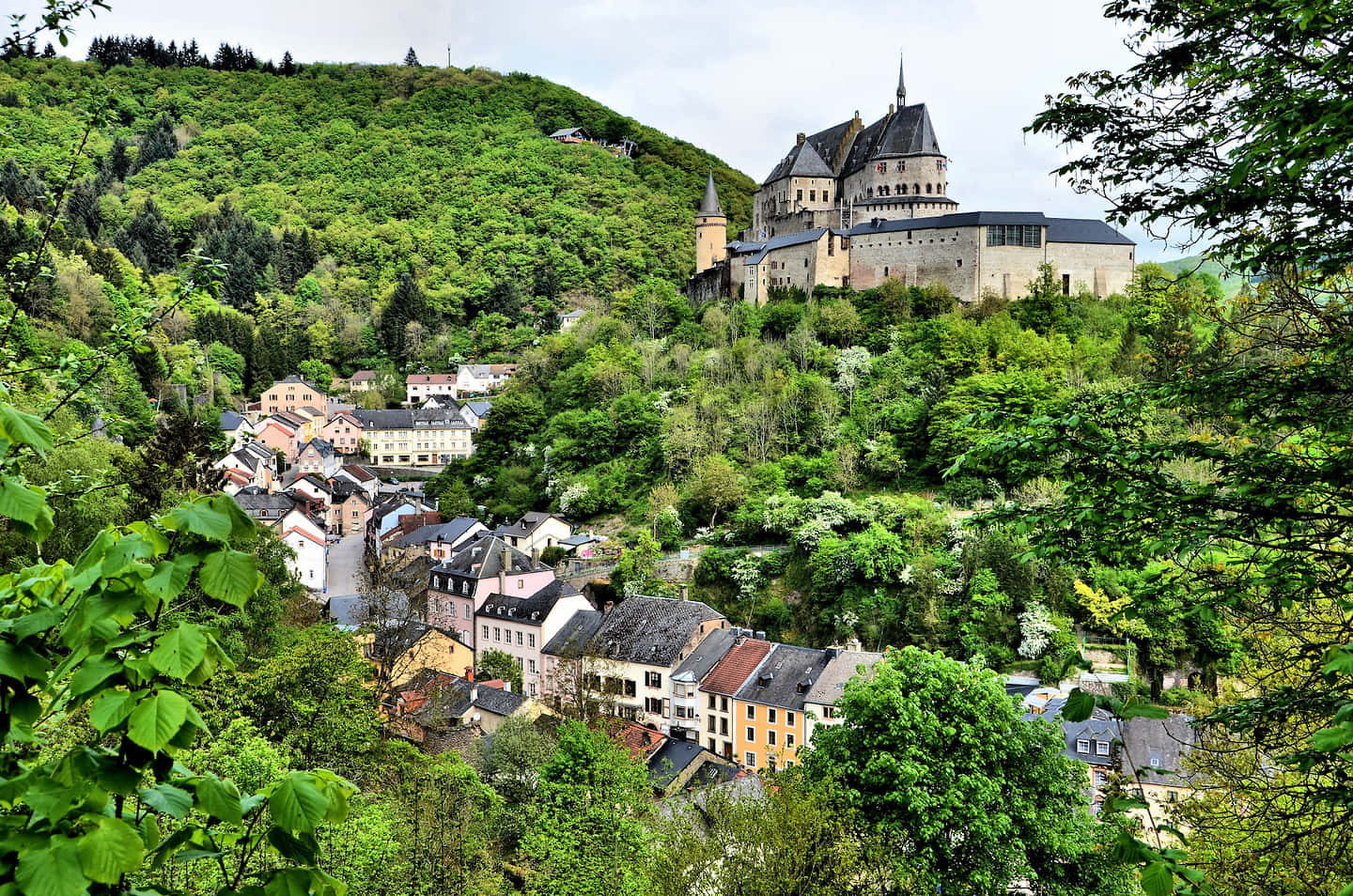 Vianden Slott Luxembourg Utsikt Over Byen Bakgrunnsbildet