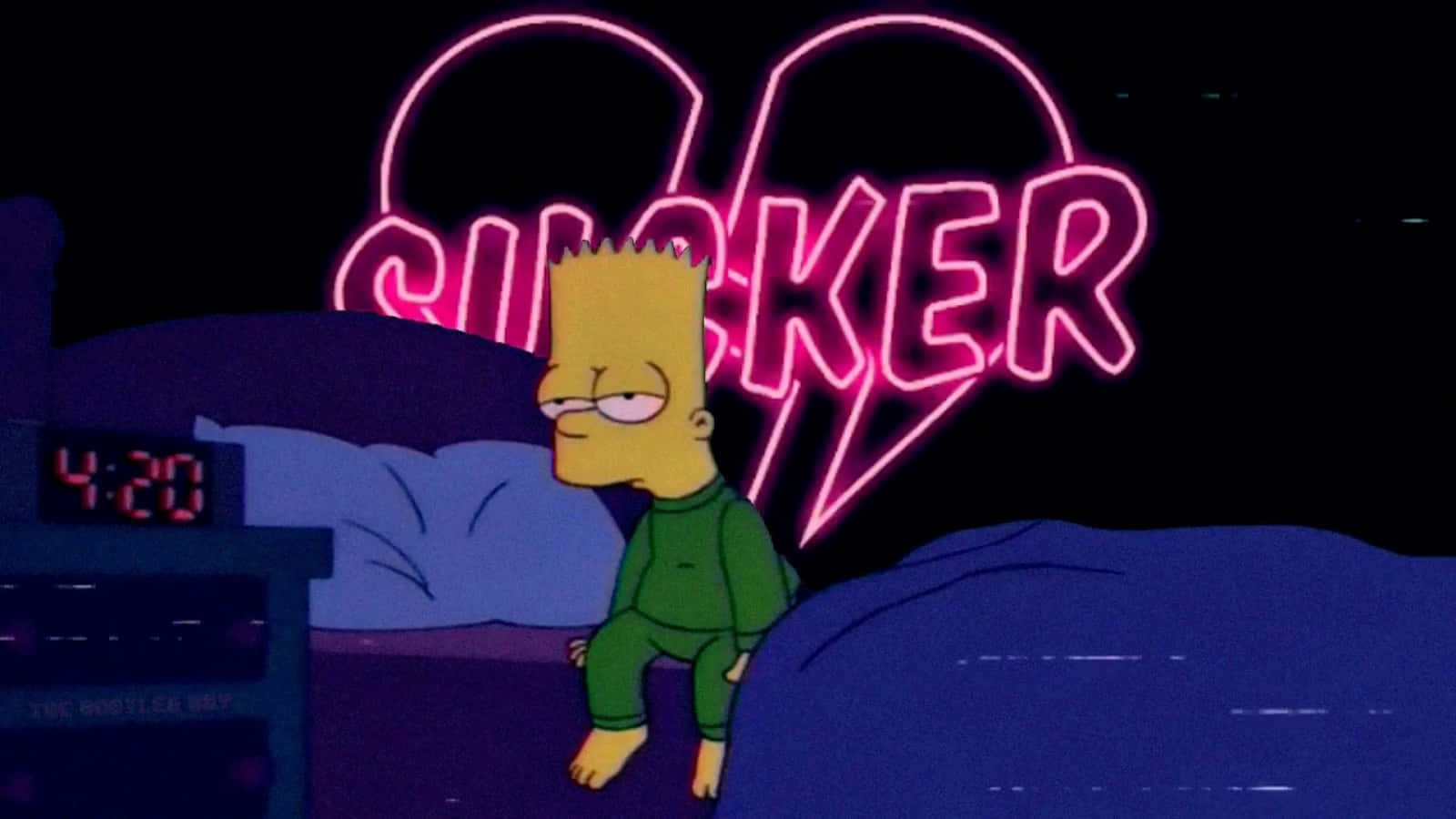 Ilpersonaggio Dei Simpson È Seduto Sul Letto Con Un Cartello Al Neon