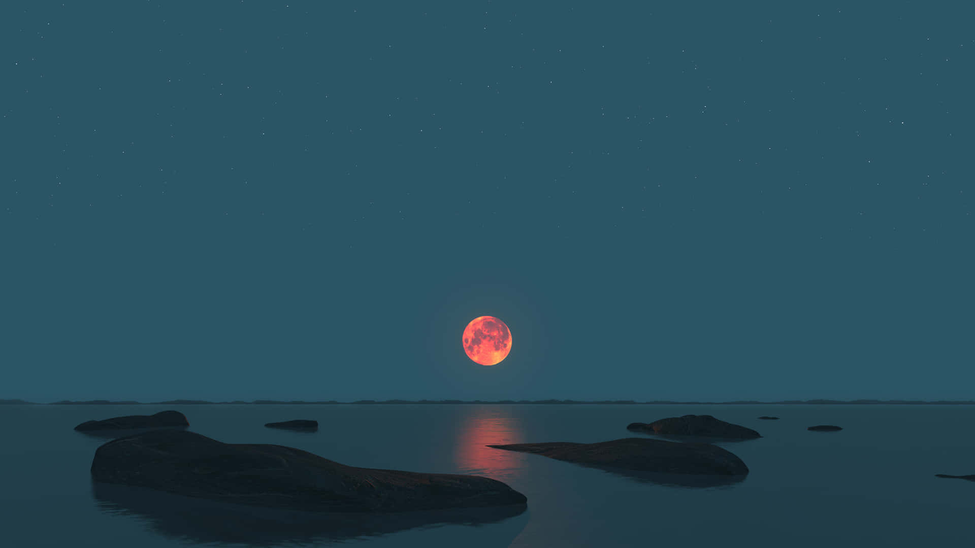 Enröd Måne Stiger Över Vattnet