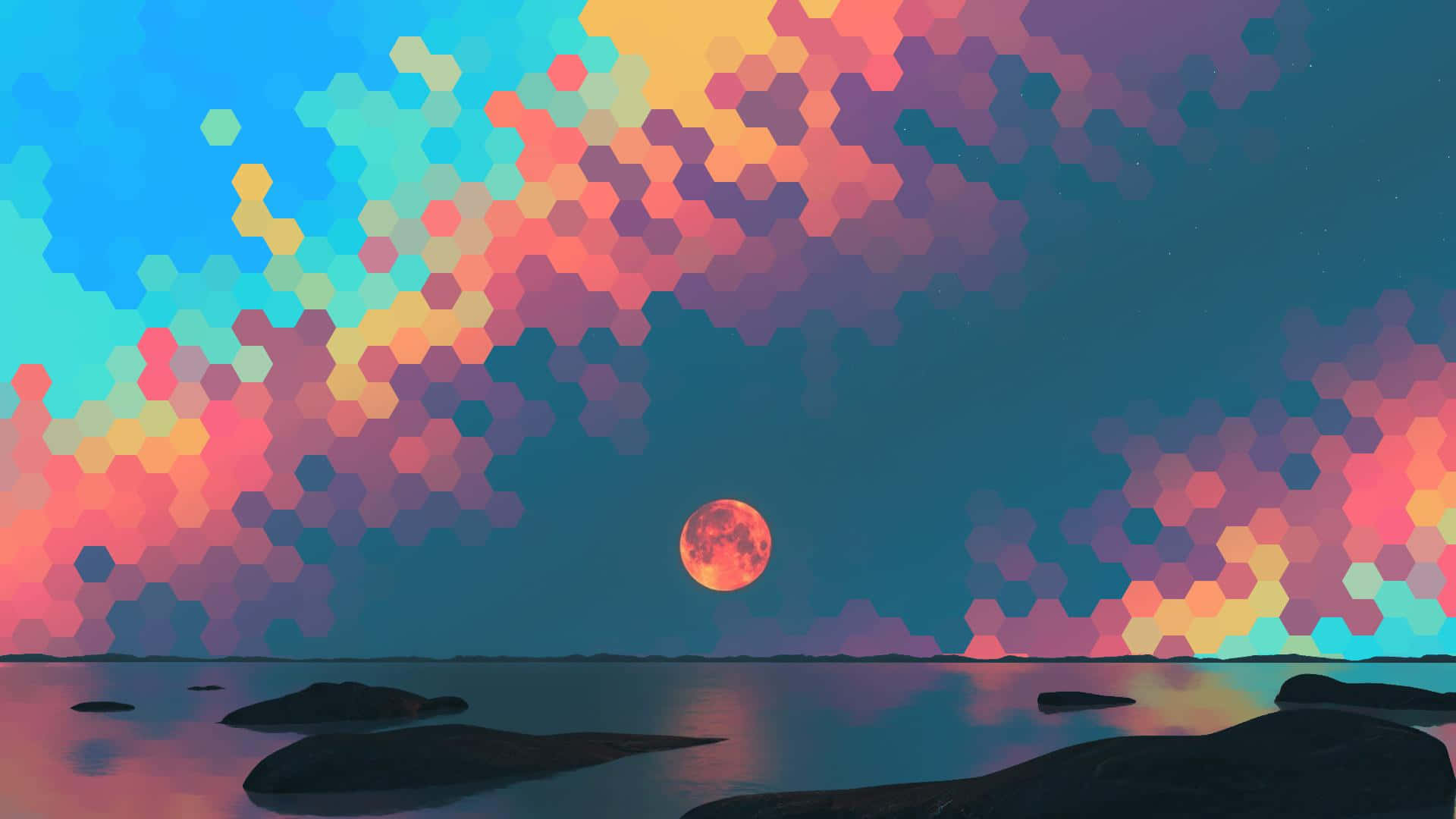 A Colorful Painting Of A Moon Over The Ocean