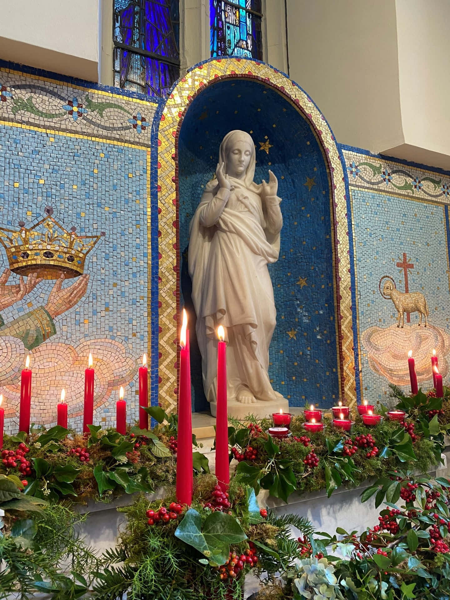 Vibrant Altar Display To Honor The Feast Of The Immaculate Conception Wallpaper