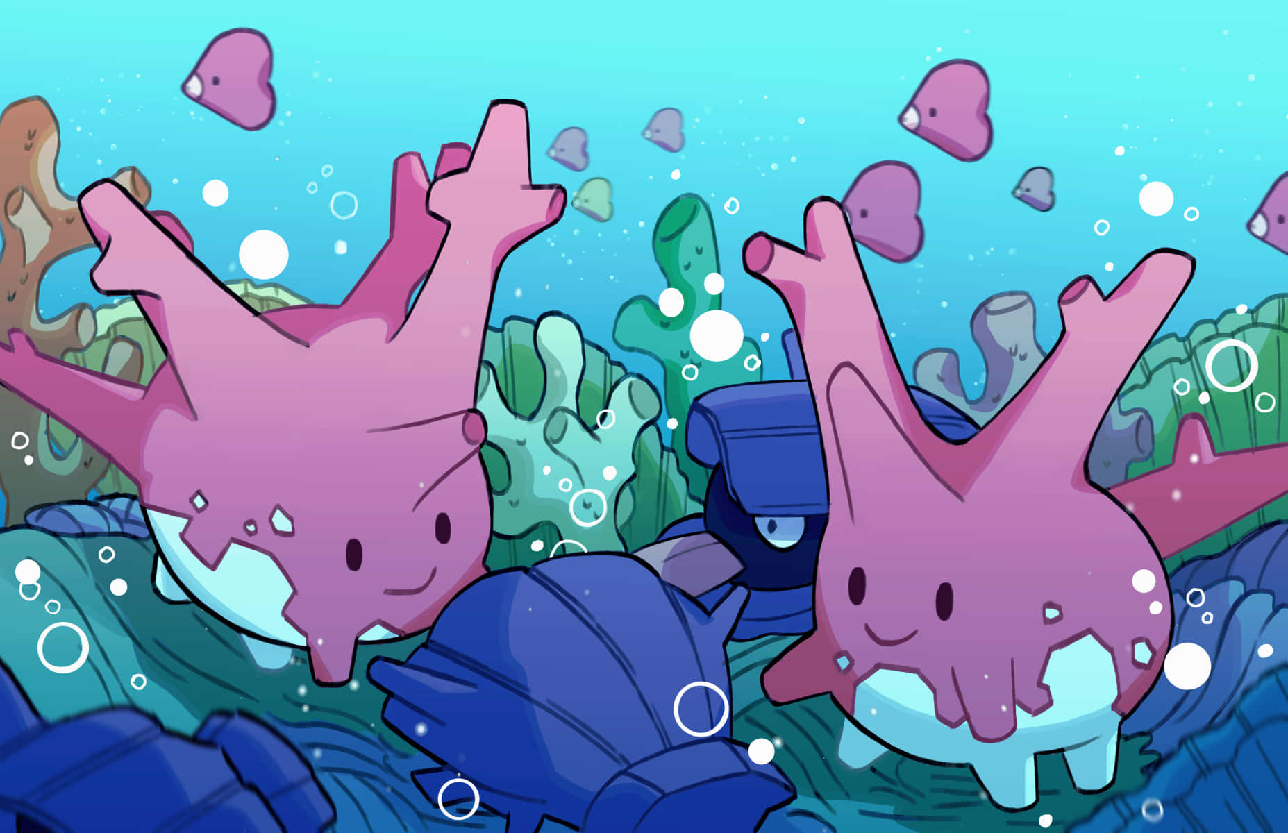 Vibrant And Playful Corsola Pokémon In Natural Waterscape Wallpaper