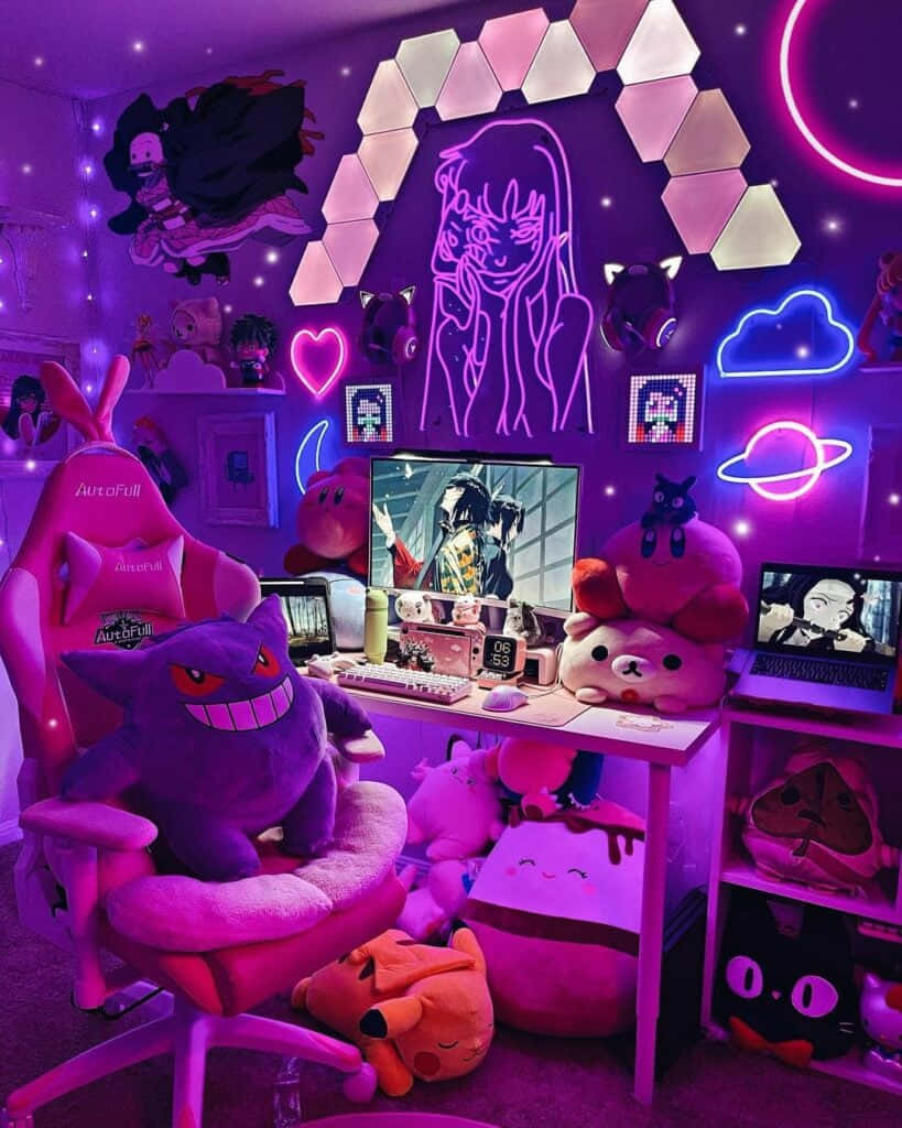 Vibrant Anime Gamer Room Setup Wallpaper