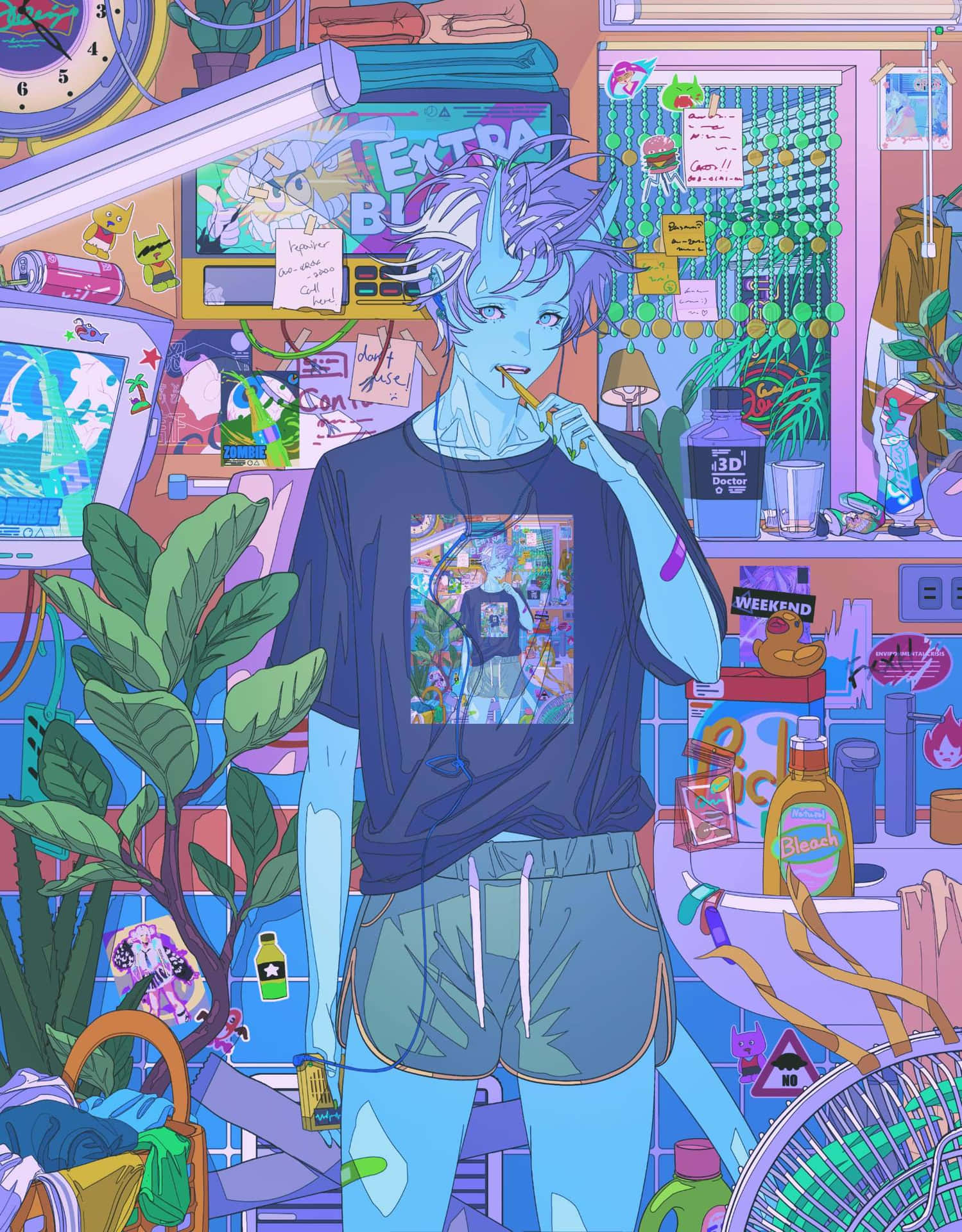 Vibrant_ Anime_ Room_with_ Blue_ Character Wallpaper