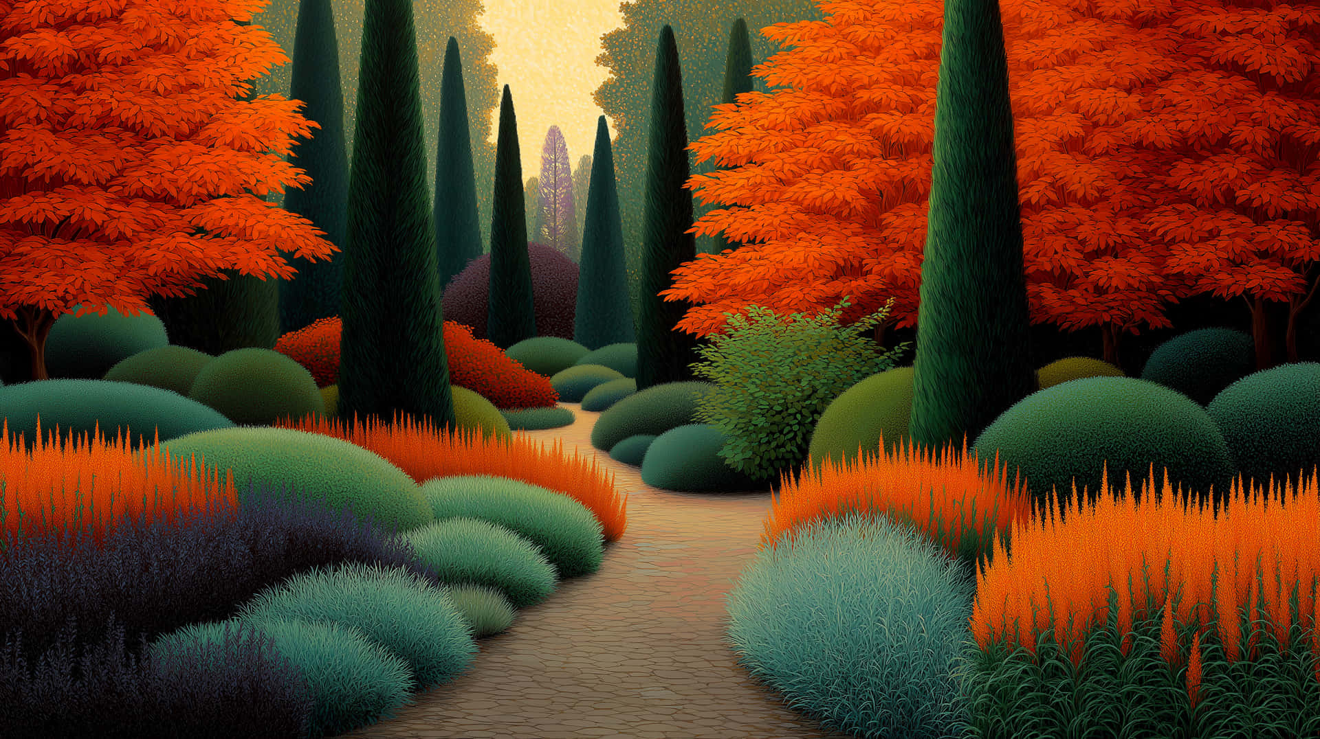 Vibrant Autumn Garden Path With Conical Trees Wallpaper