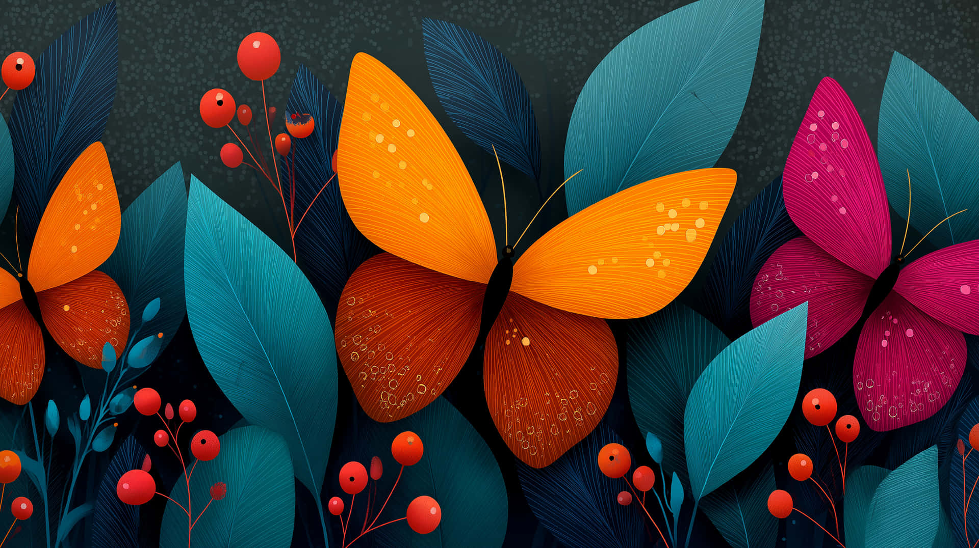 Vibrant Doodle Butterflies Among Lush Botanical Elements Wallpaper
