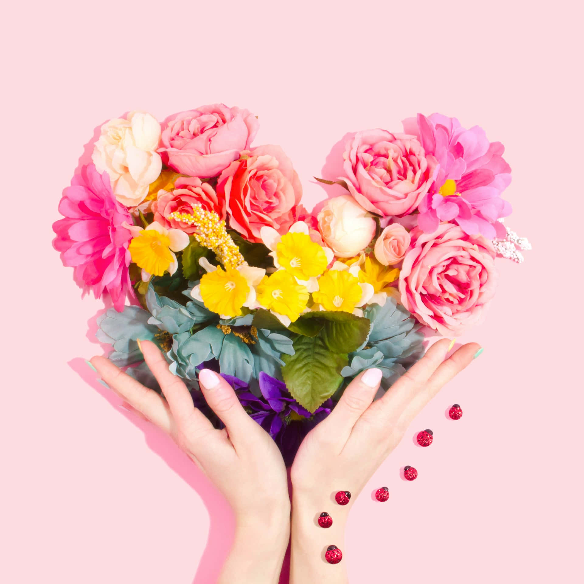 Vibrant_ Floral_ Bouquet_ Hands_ Pink_ Background.jpg Wallpaper