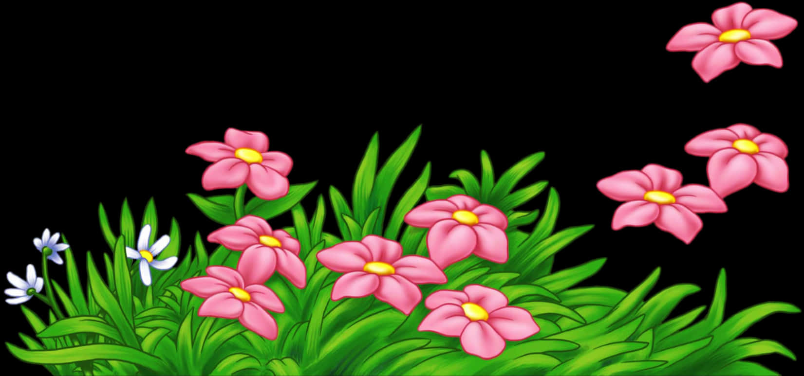 Vibrant Flowers Against Black Background PNG