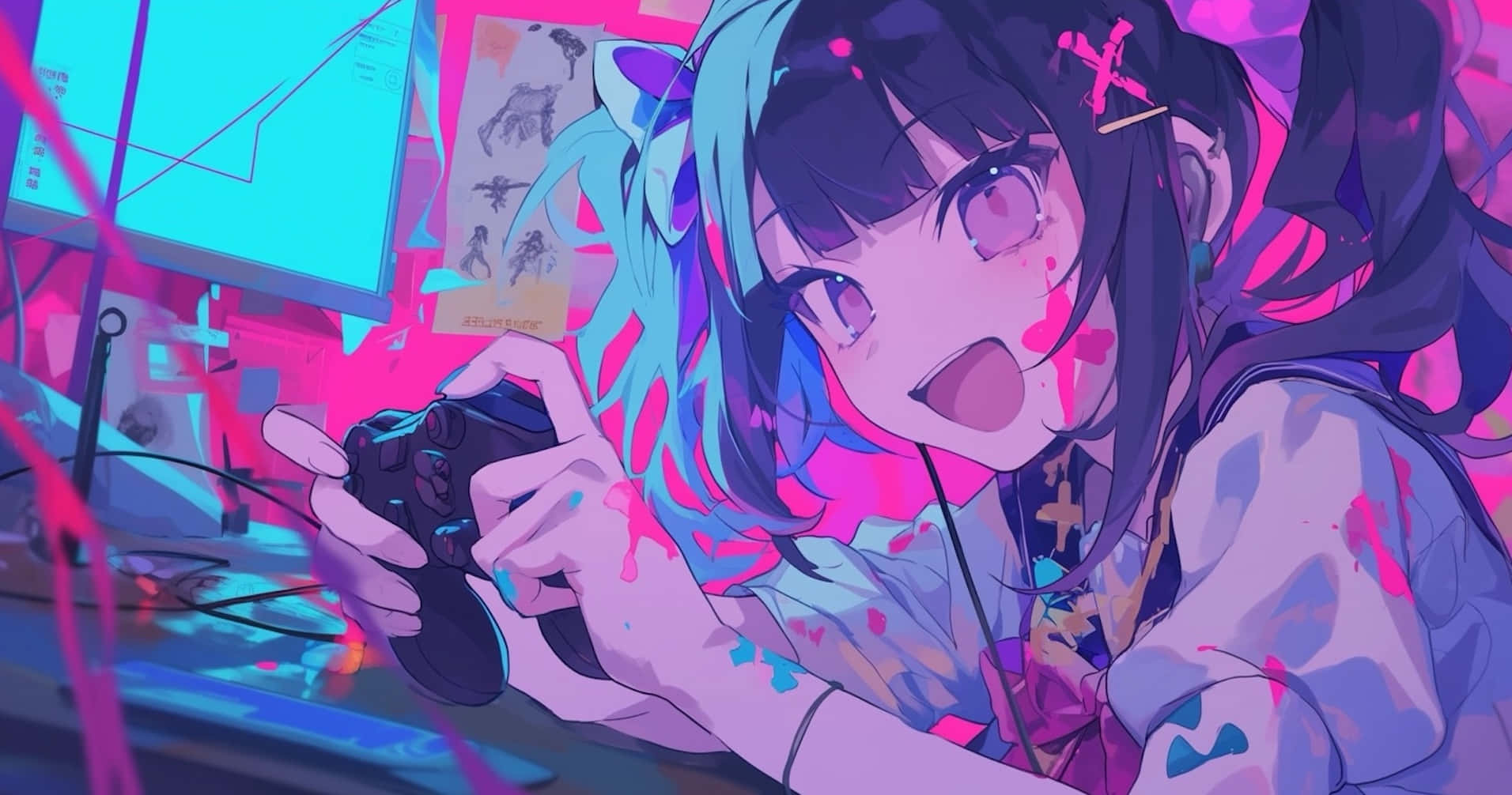 Vibrant Gamer Girl Anime Artwork Wallpaper