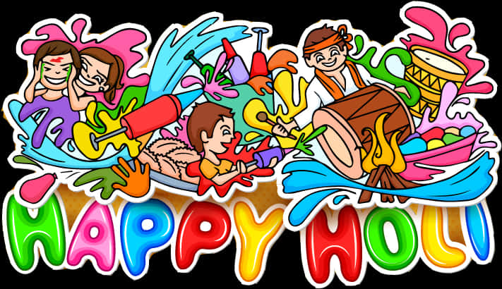 Vibrant Holi Celebration Cartoon PNG