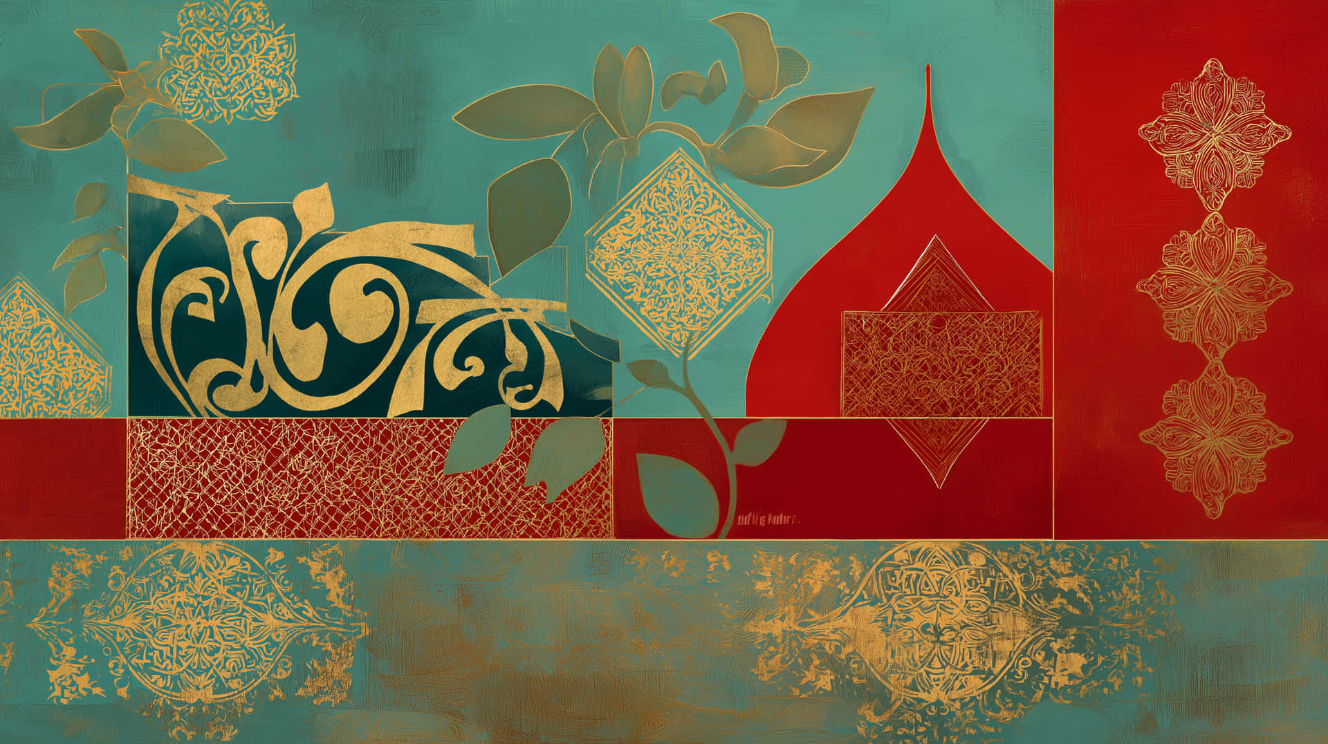 Vibrant Mughal-inspired Abstract Art With Intricate Gold Patterns Wallpaper