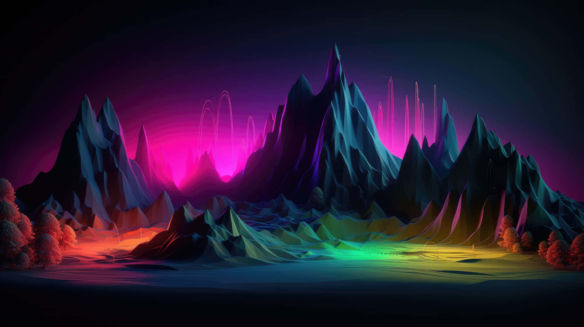 Vibrant Neon Mountain Landscape Wallpaper