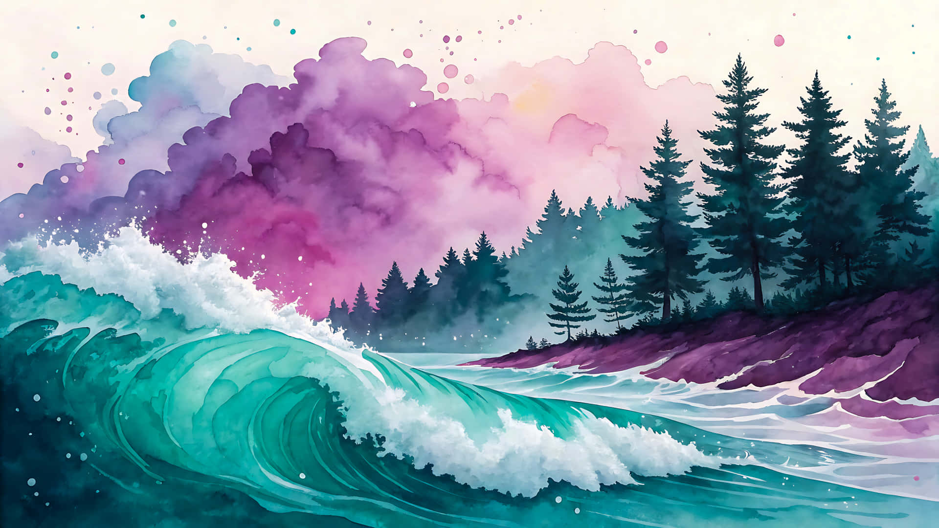 Vibrant Ocean Wave Crashing Near A Forest In Watercolor Painting Wallpaper