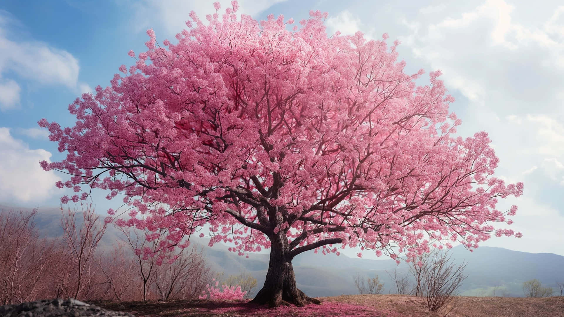 Pohon Bunga Sakura Pink Yang Cerah Wallpaper