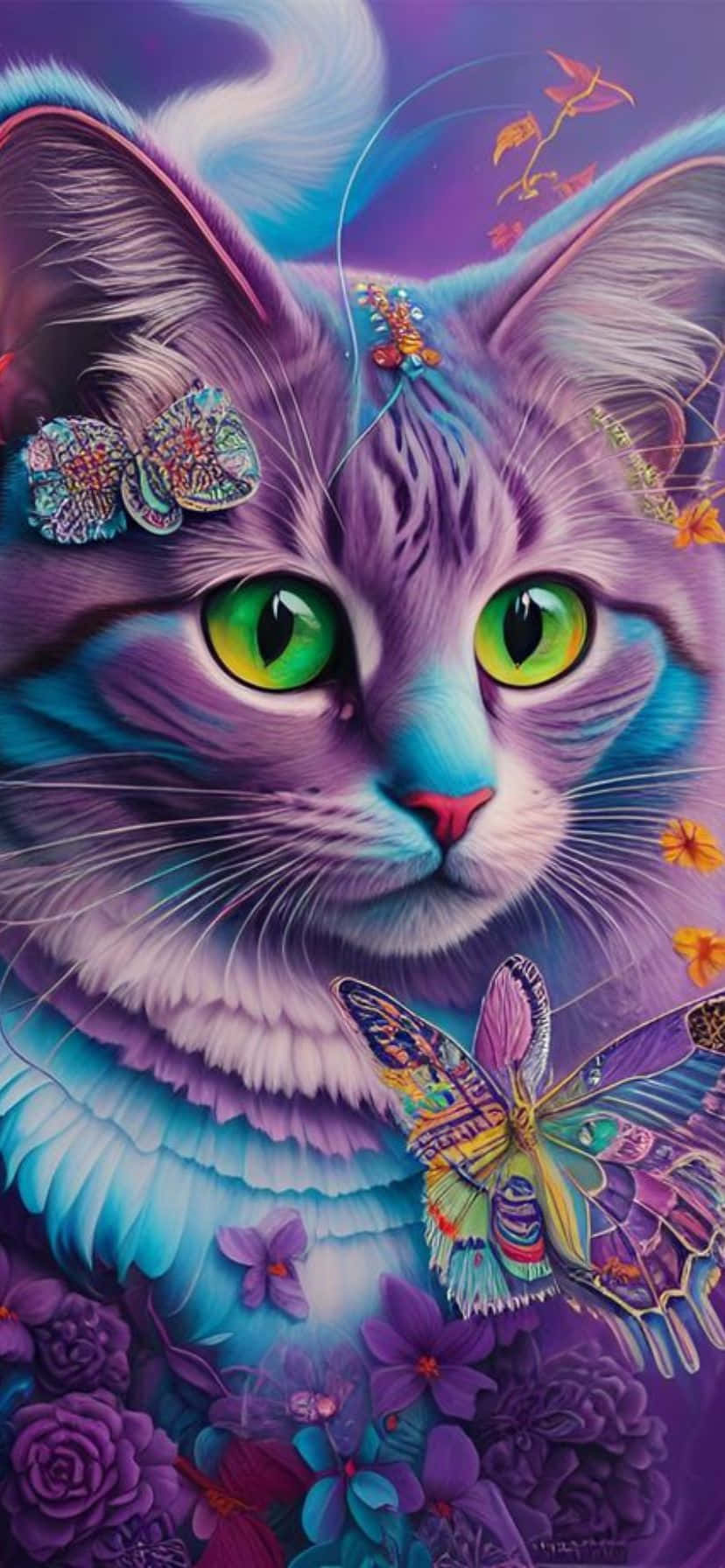 Vibrant Purple Cat Fantasy Art Wallpaper