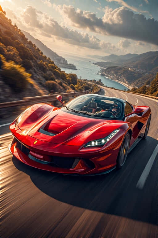 Vibrant Red Ferrari Supercar On Coastal Highway 4k Luxury Wallpaper