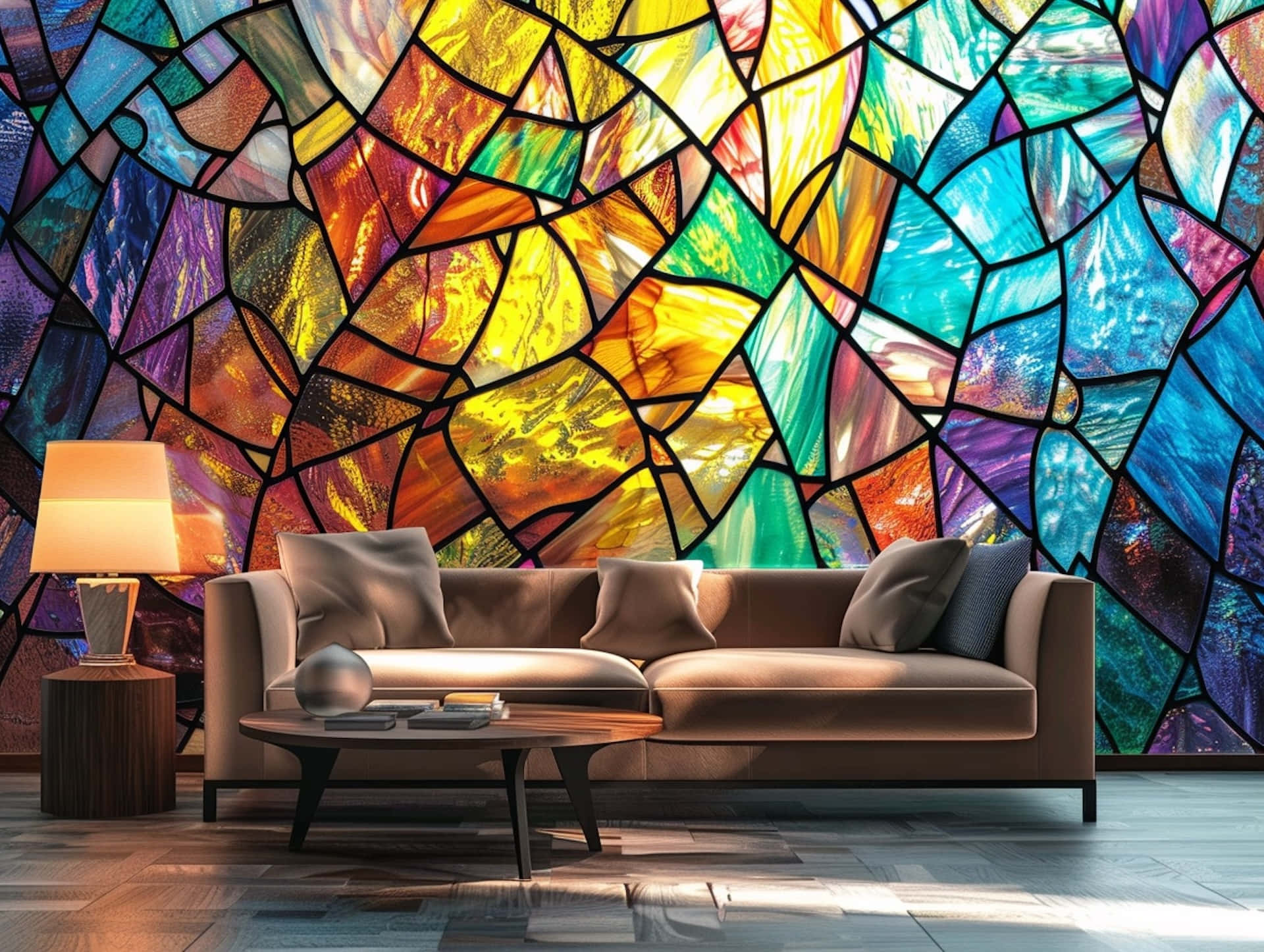 Vibrant Stained Glass Living Room Wallpaper