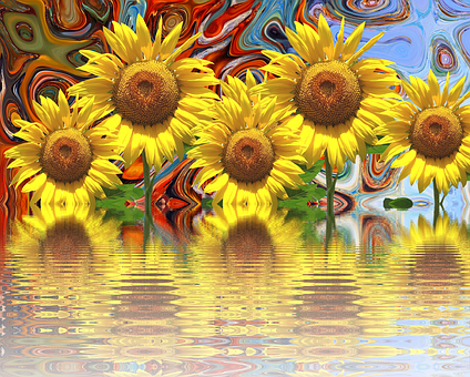 Vibrant_ Sunflowers_with_ Psychedelic_ Background_and_ Reflection.jpg PNG