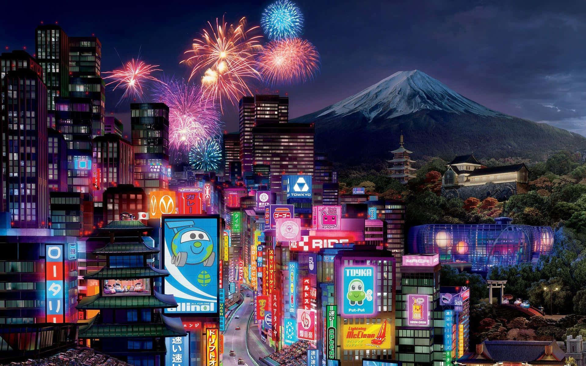 Vibrante Tokyo Nacht Vuurwerk Mount Fuji Achtergrond