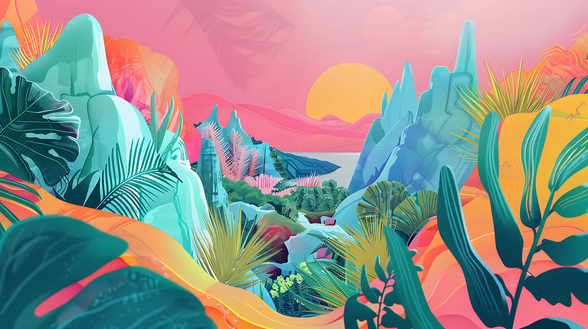Vibrant_ Tropical_ Landscape_ Mural Wallpaper