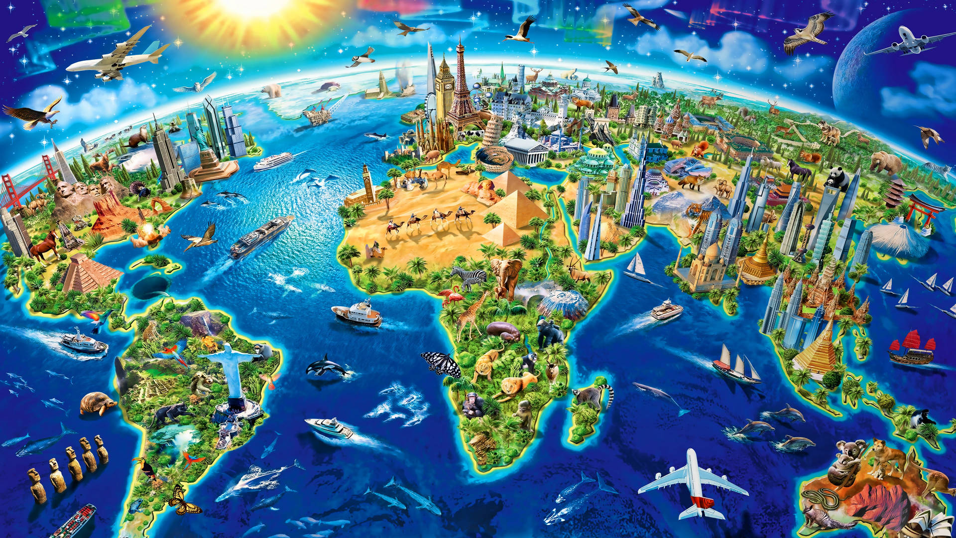Vibrant World Map Cartoon Wallpaper