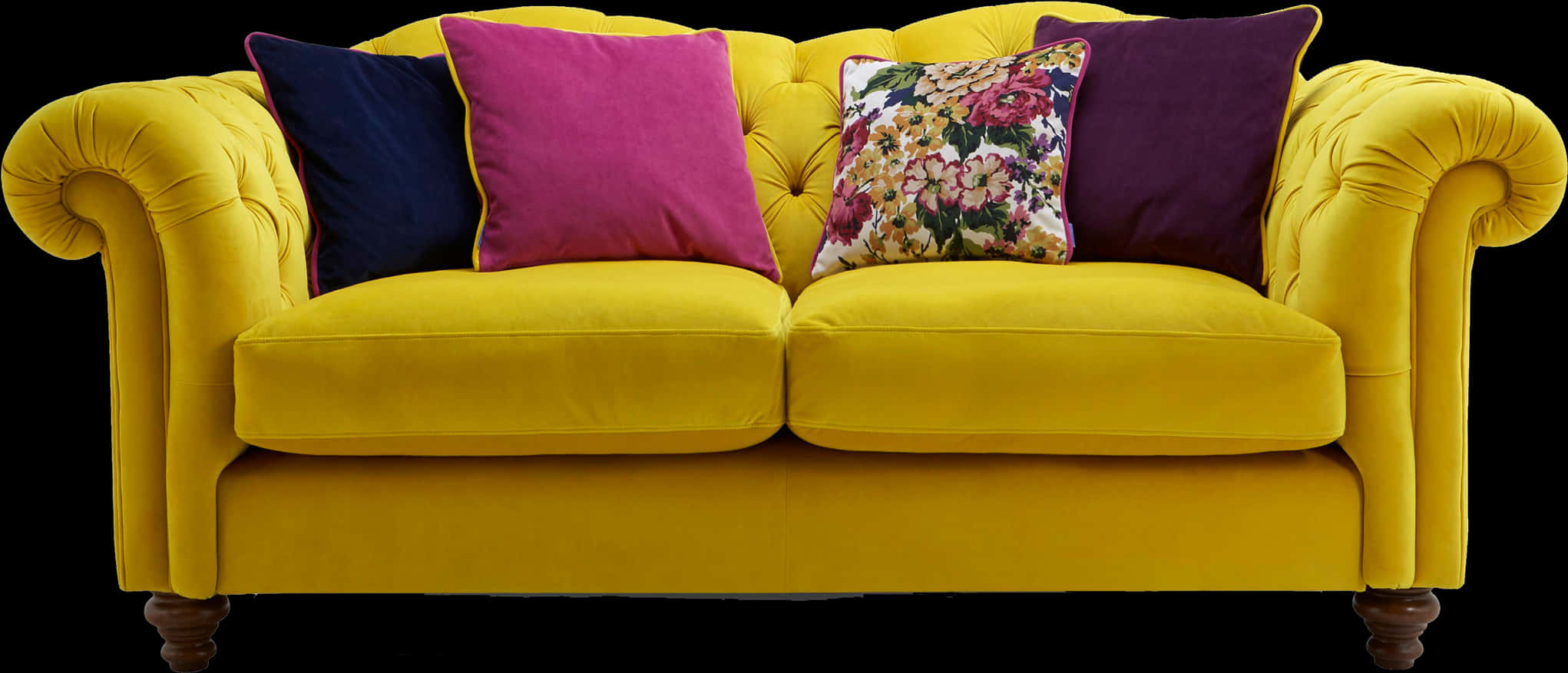 Vibrant Yellow Chesterfield Sofawith Cushions.jpg PNG