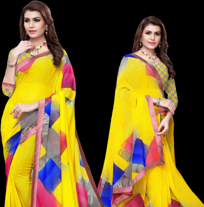 Vibrant Yellow Saree Model Dual Pose PNG