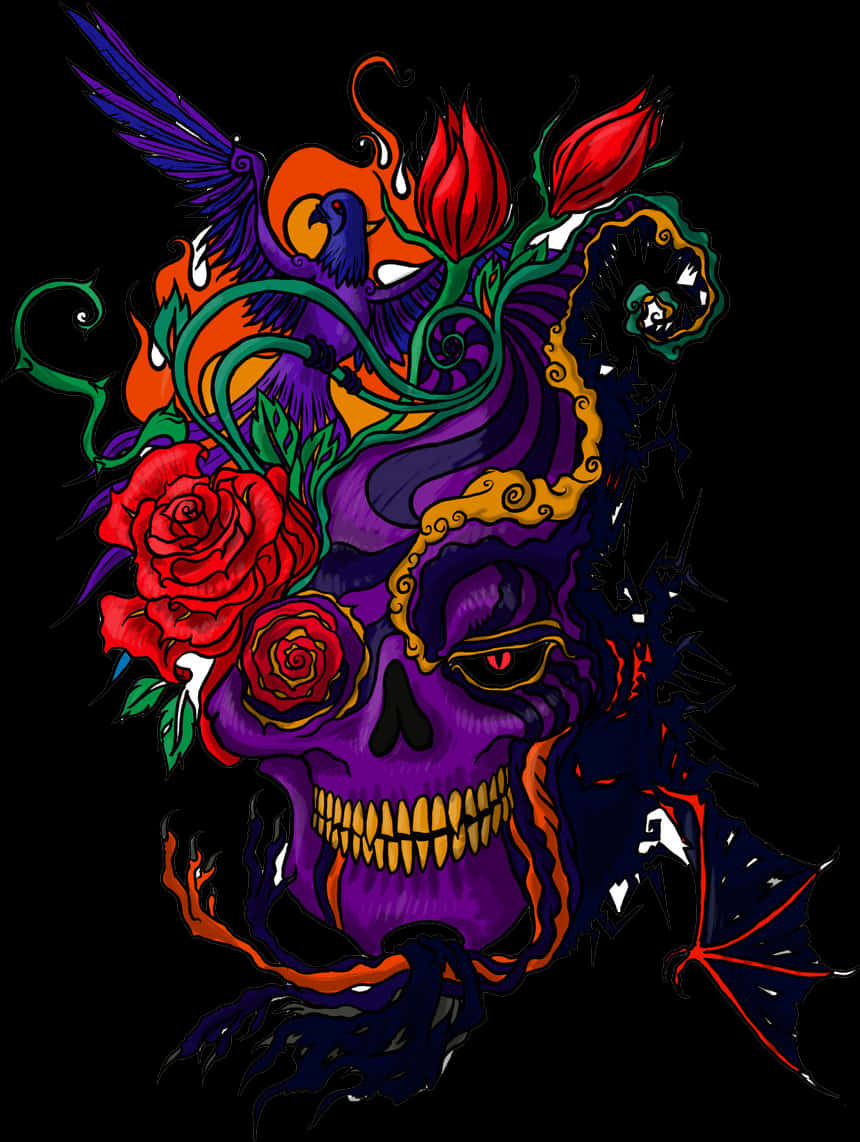 Vibrant_ Skull_and_ Floral_ Artwork PNG