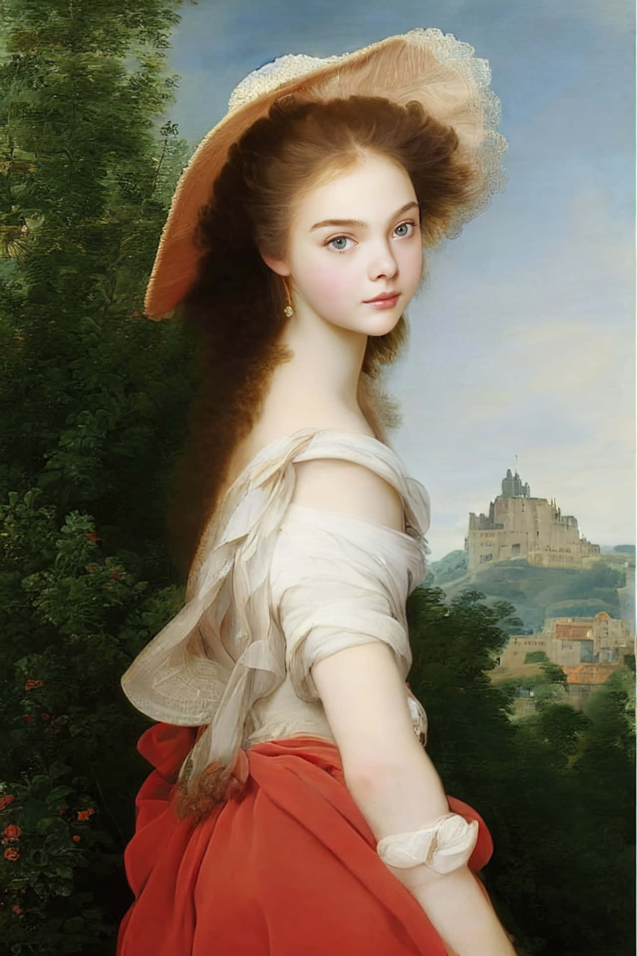 Enmålning Av En Kvinna I En Röd Klänning