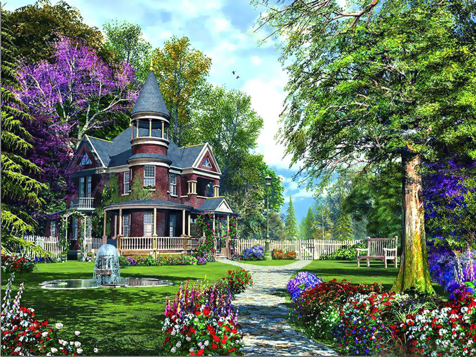 Victorian_ House_ Fantasy_ Garden Wallpaper