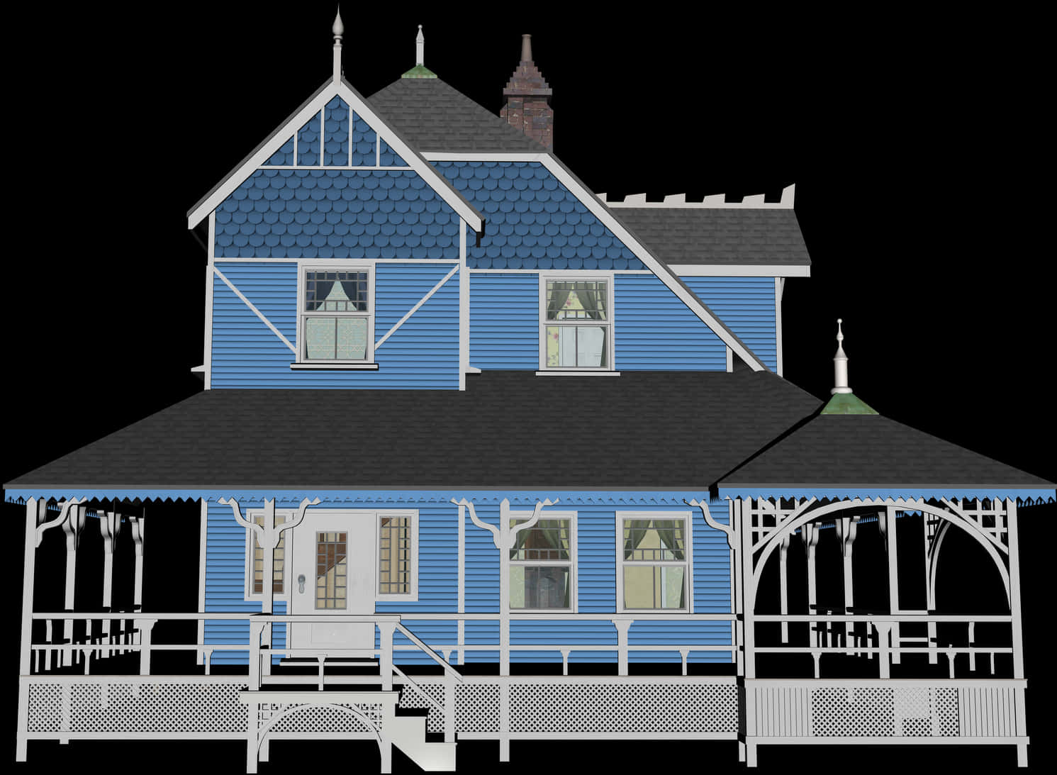 Victorian Style Blue House Illustration PNG