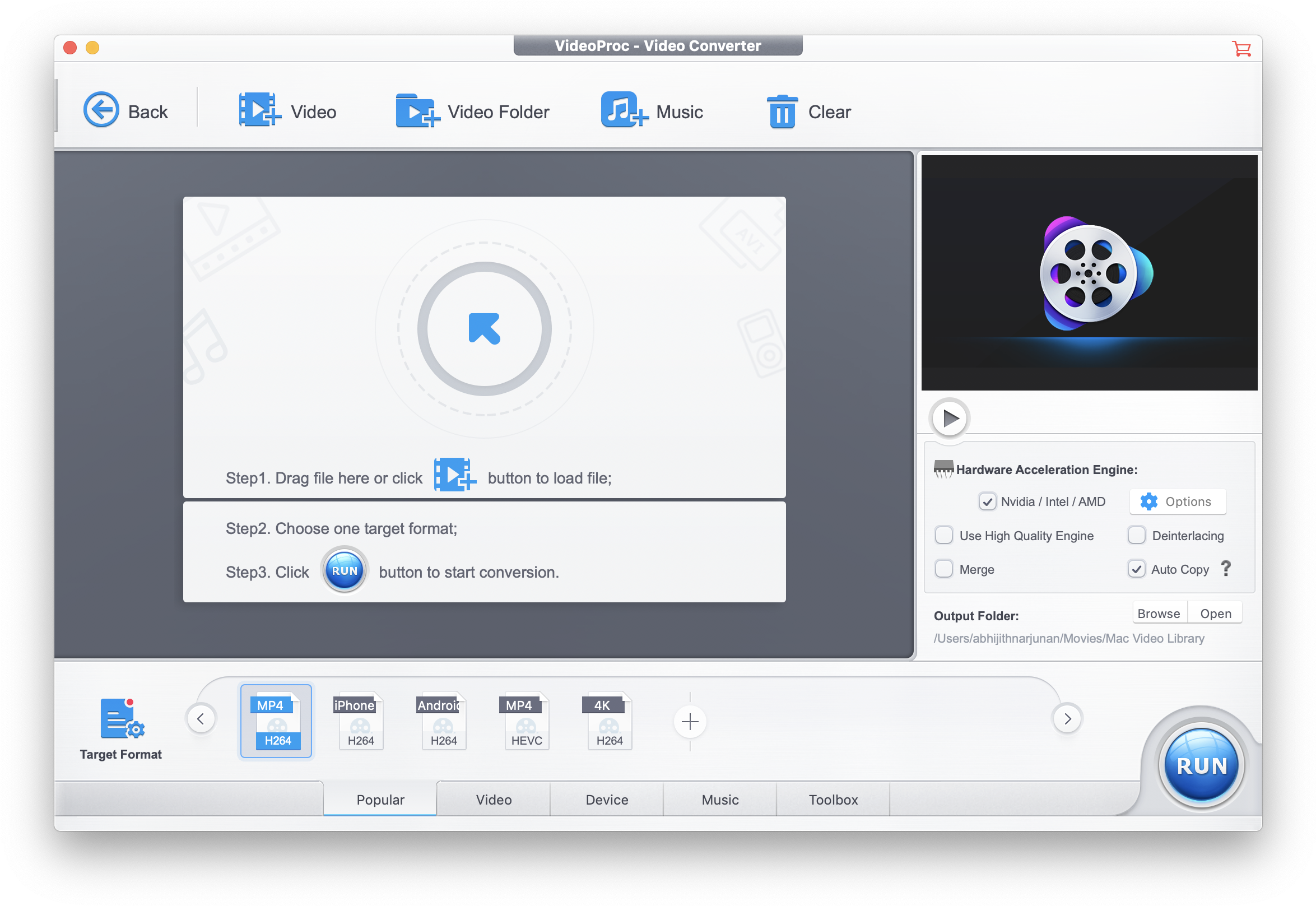 VideoProc video converter software interface for Mac with format options and run button — Video PNG