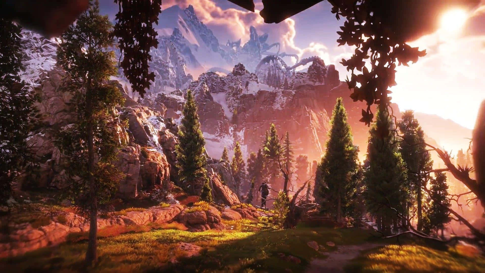 a mountain scene with trees and mountains