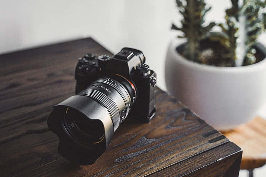 A Camera On A Wooden Table With A Plant Wallpaper