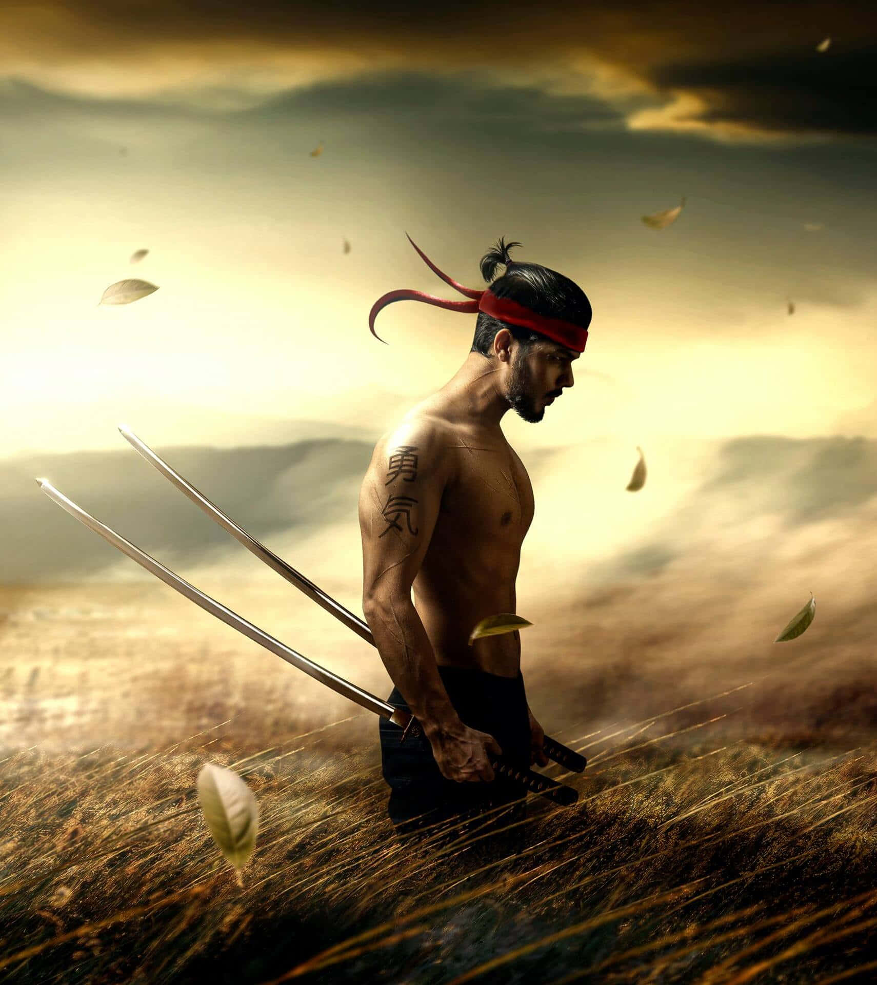 A Man With Two Swords Standing In A Field
