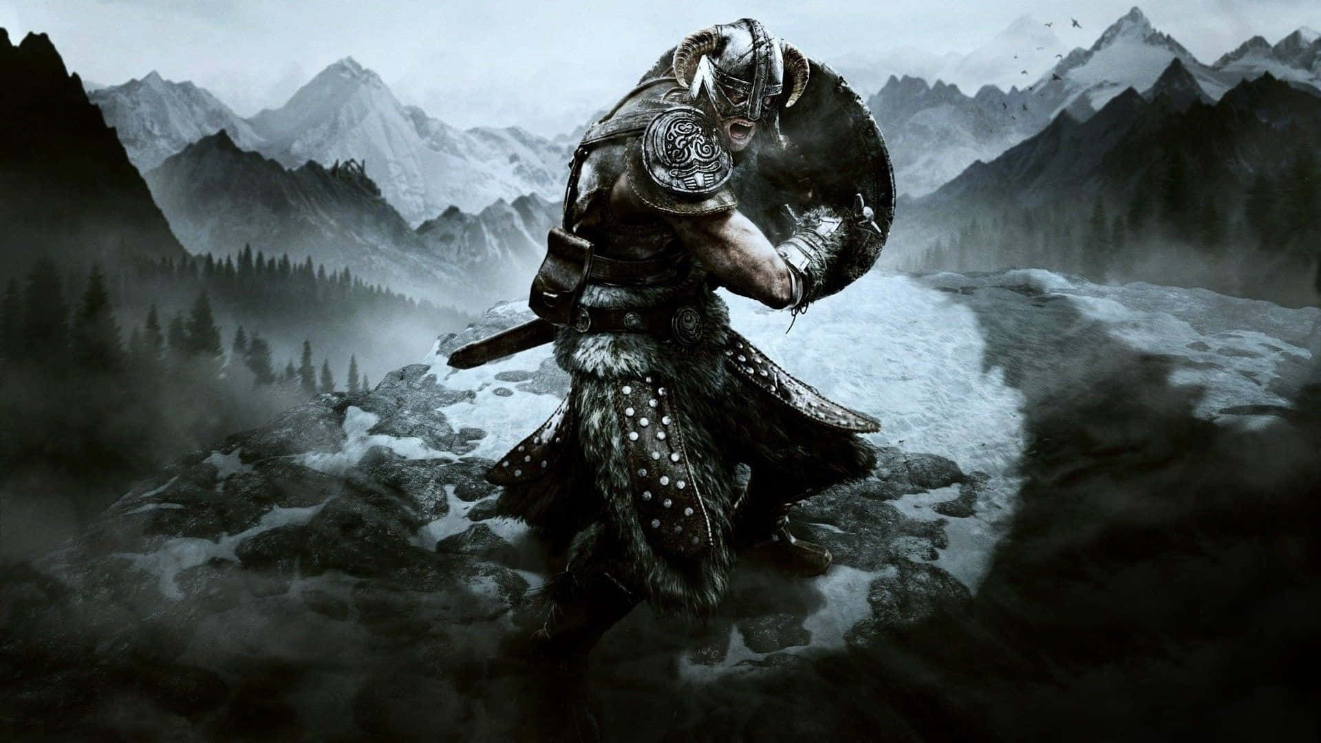 A fierce Viking warrior battling in the rugged terrain.