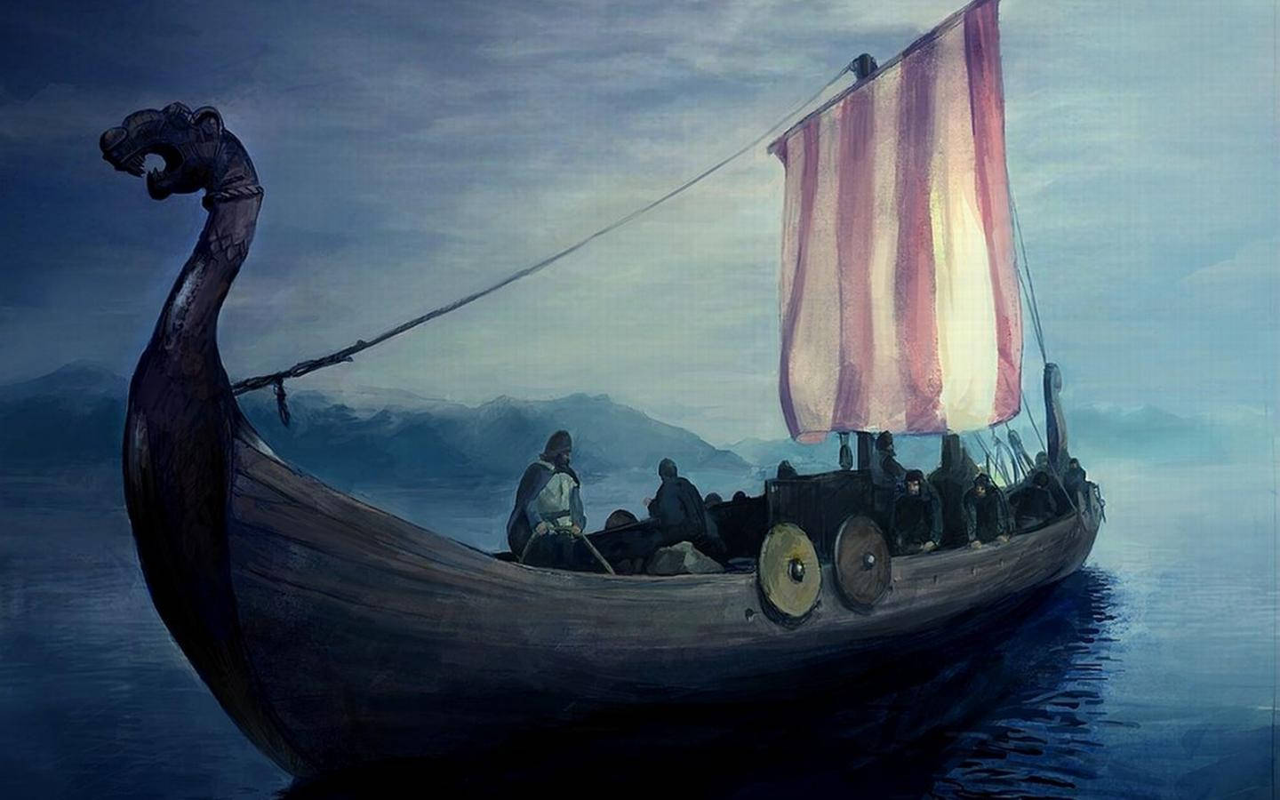 A majestic longship of a Viking raiding raid flying a dragon figurehead Wallpaper