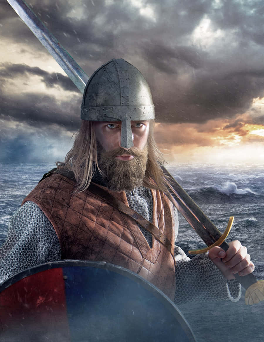 A Viking ready for battle aboard his boat
