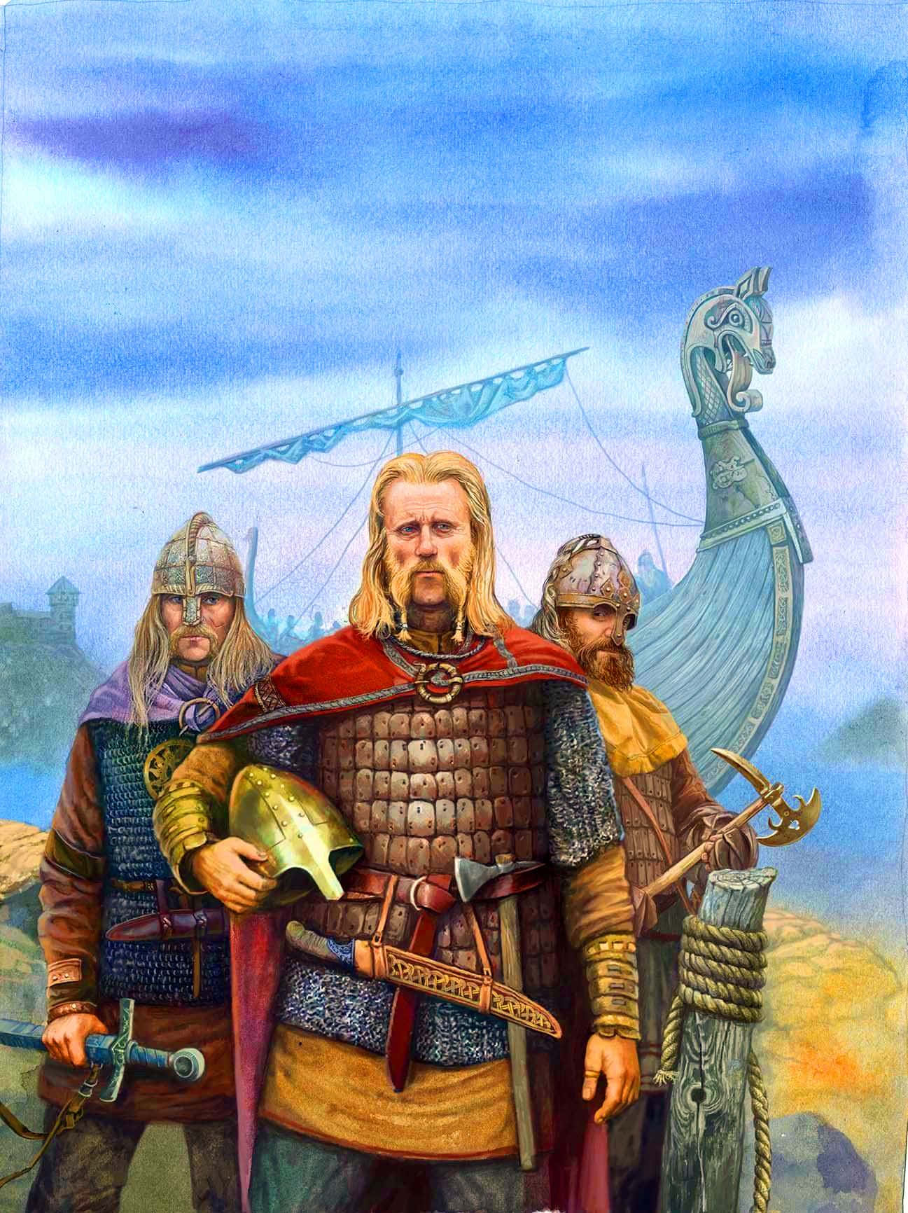 A fierce Viking standing proudly on a cliff, with a longboat in the background.