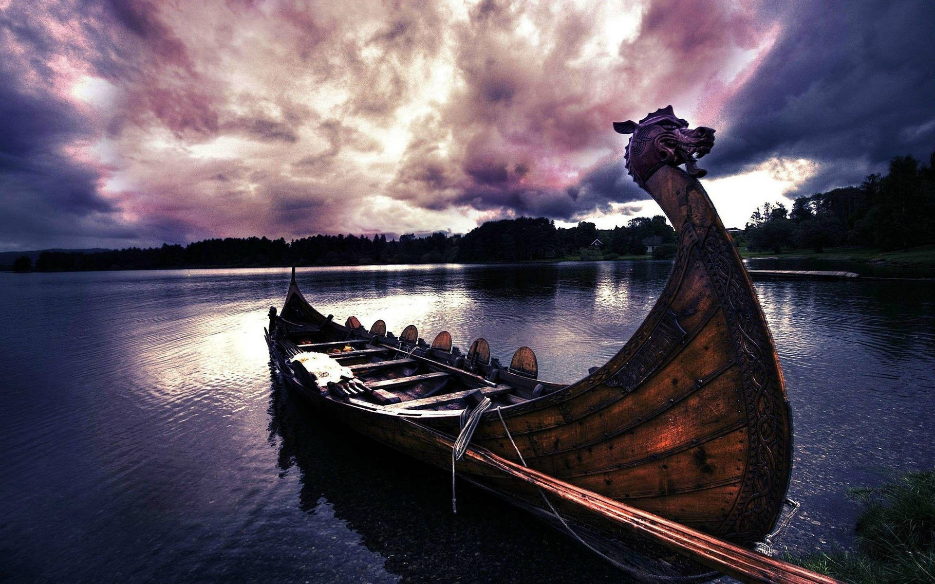 Viking Ship In Lake Wallpaper