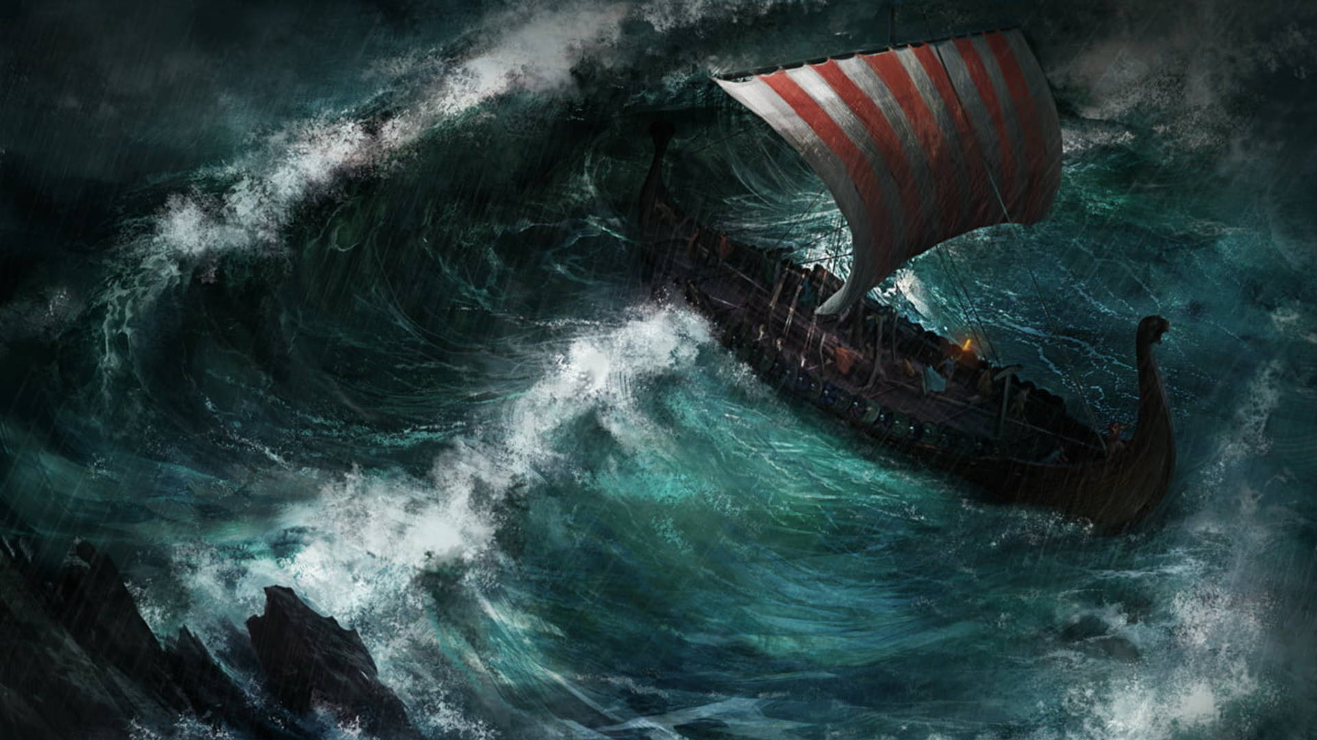 Viking Ship On Hard Journey Wallpaper