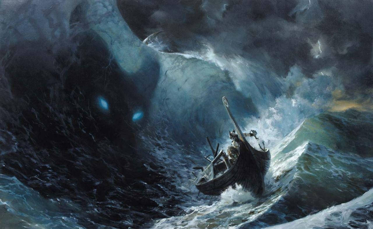 Image  Ancient Viking ship sailing in a stormy sea Wallpaper