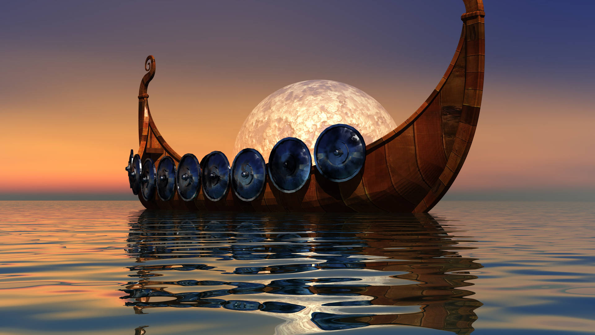 Viking Ship Under Full Moon Wallpaper