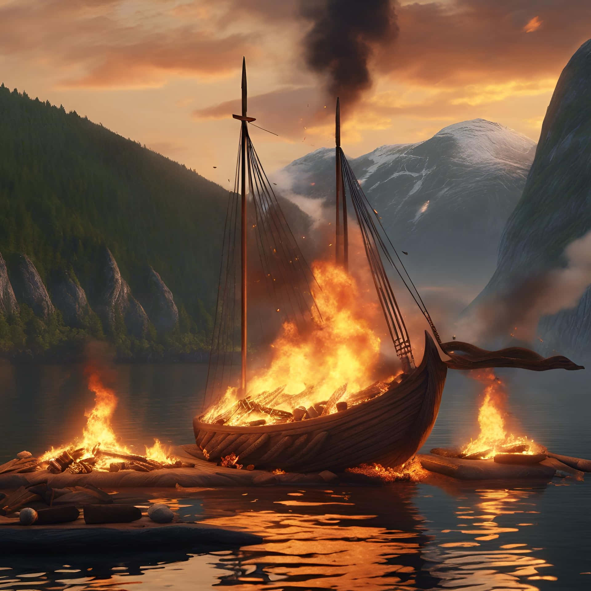 Viking Ships Ablazeat Dusk Wallpaper