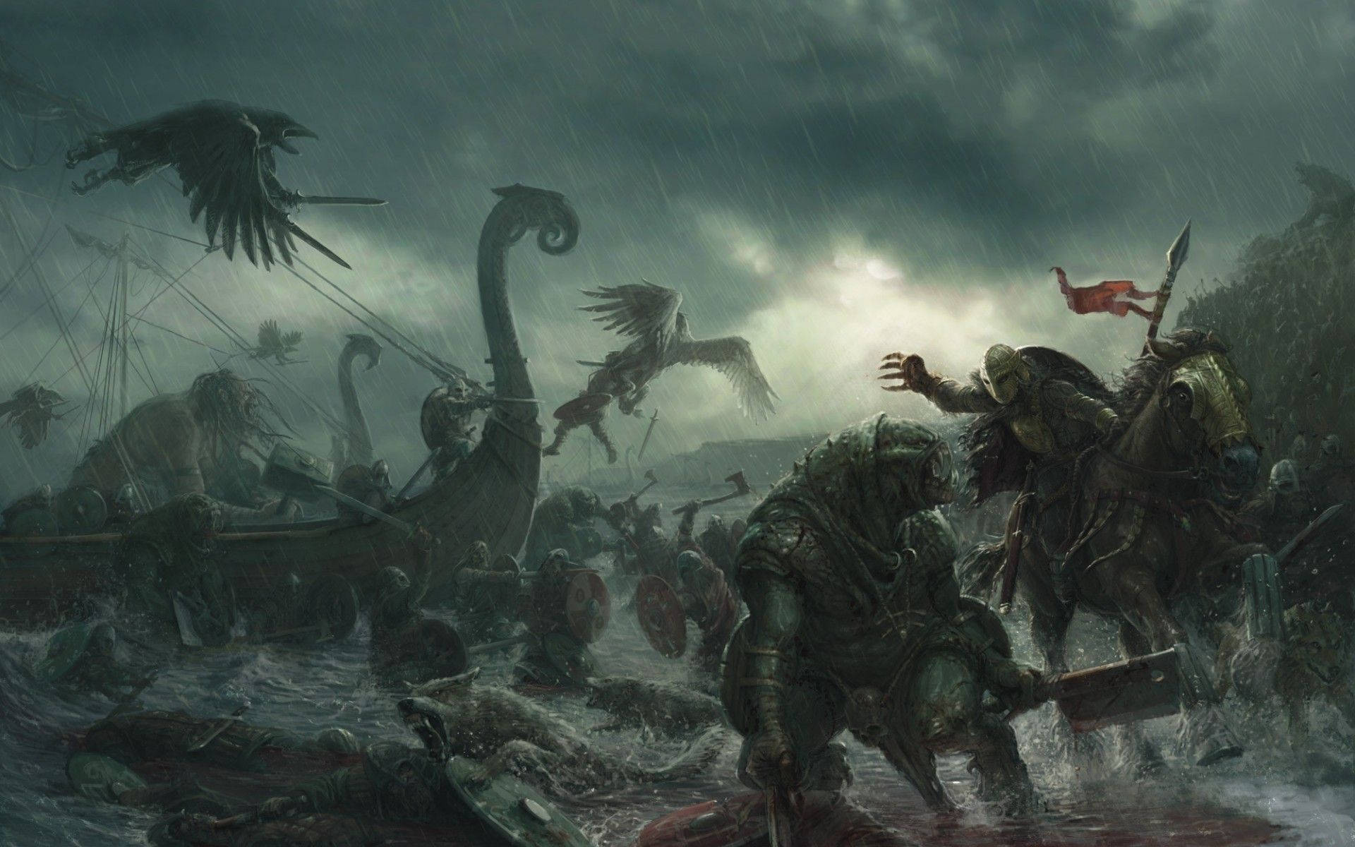 An epic battle between heroic Viking warriors and powerful monsters Wallpaper