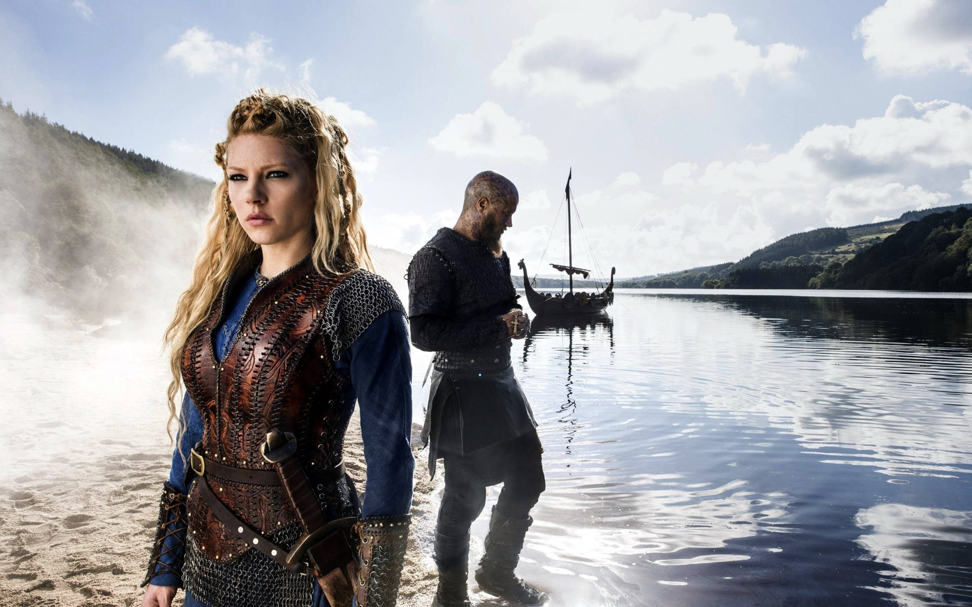 Vikings Ragnar With Lagertha And Battleship Wallpaper