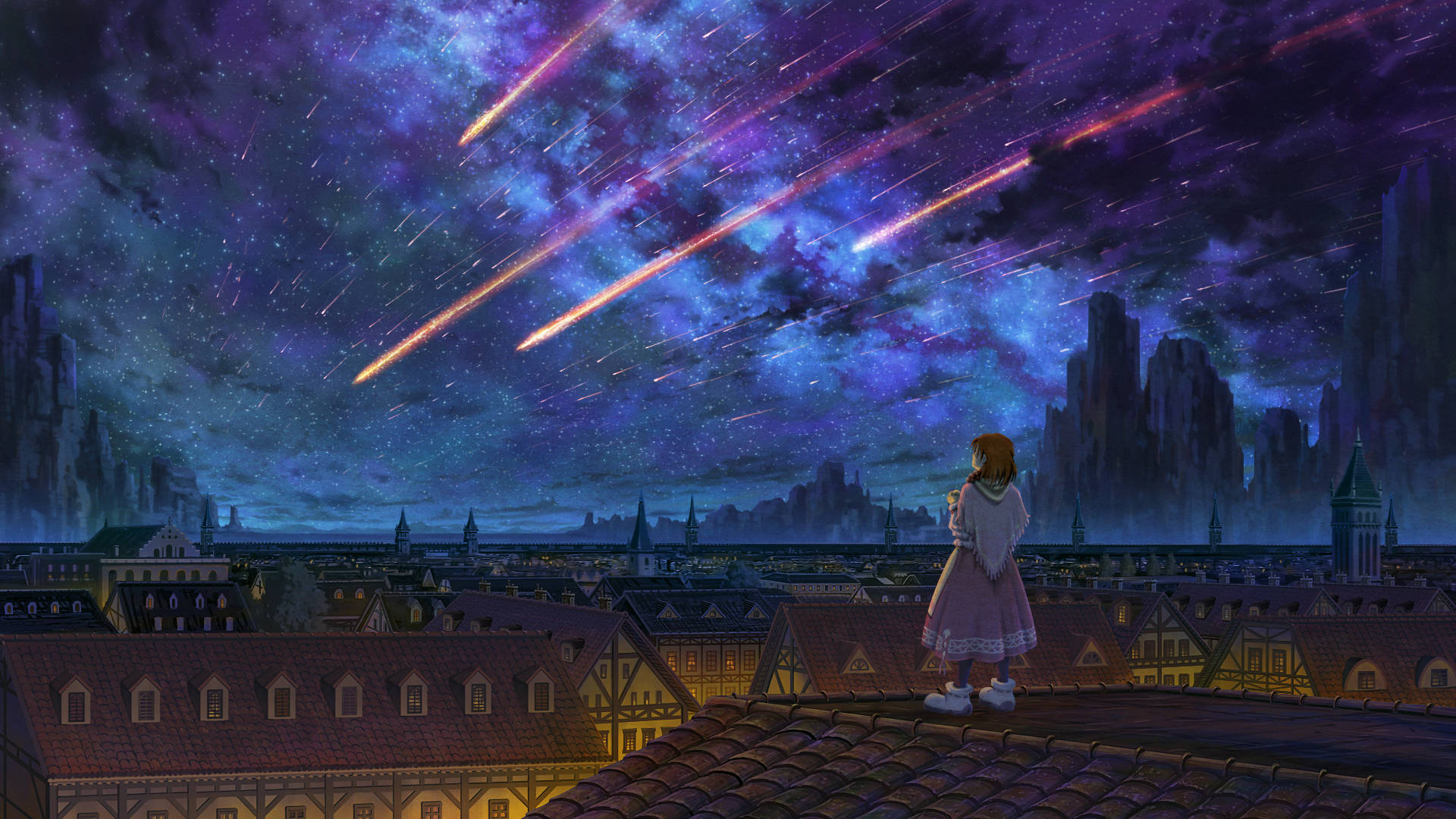 Village And Anime Night Sky Wallpaper