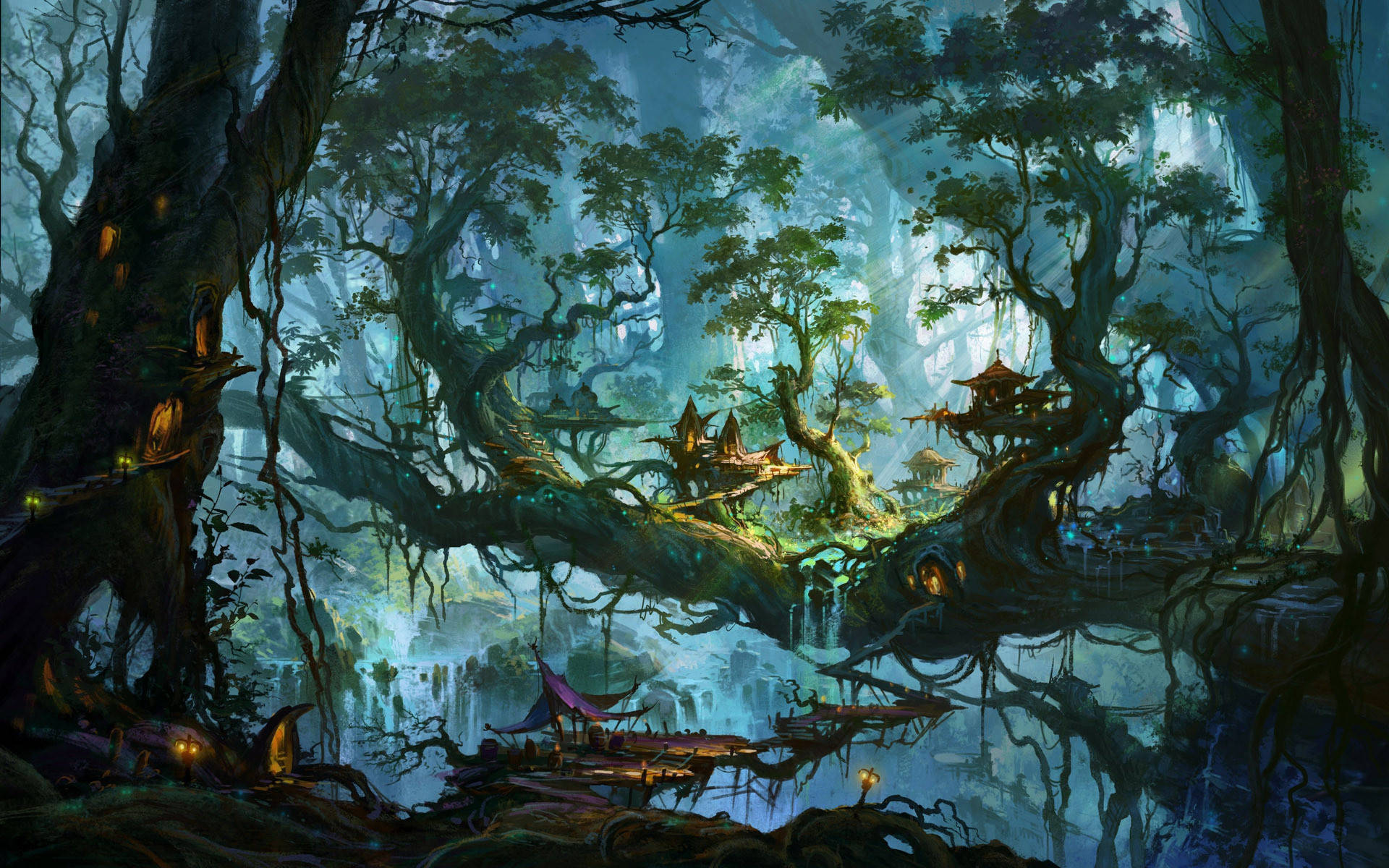 Village In An Enchanted Forest Wallpaper