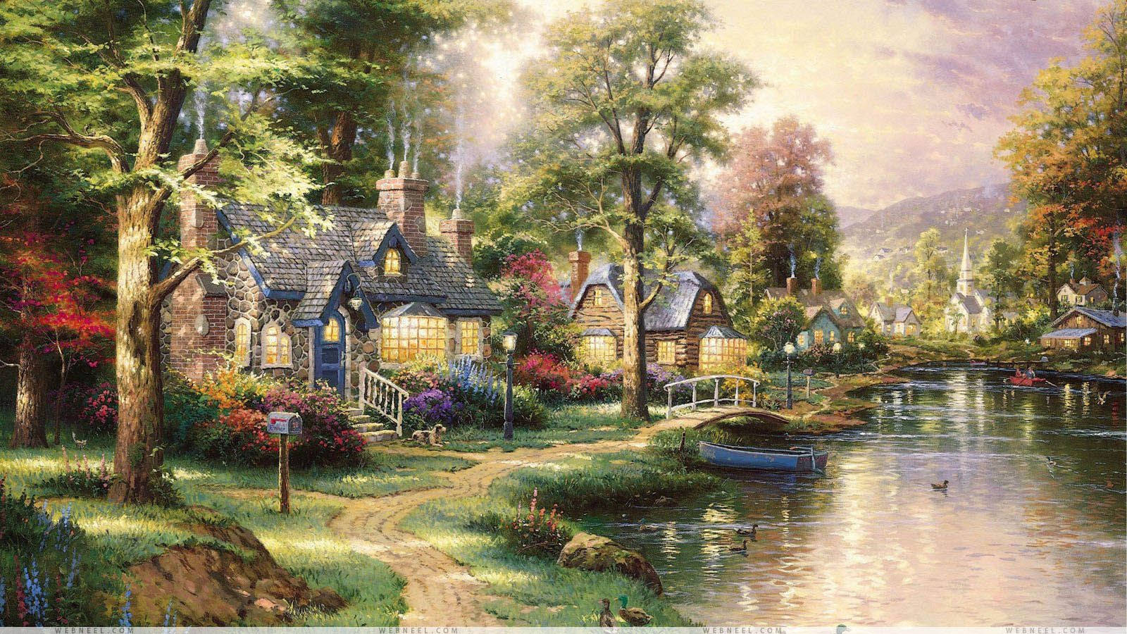 Art painting of a house with trees and wide lake.