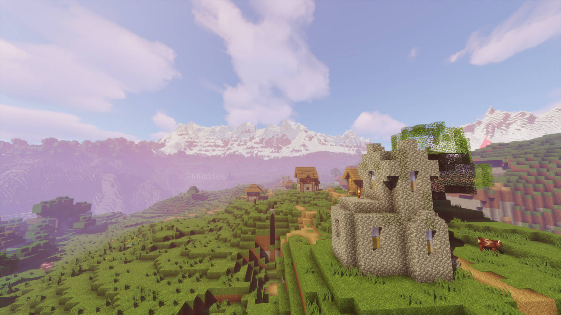 Village Snowy Mountains Beautiful Minecraft Background